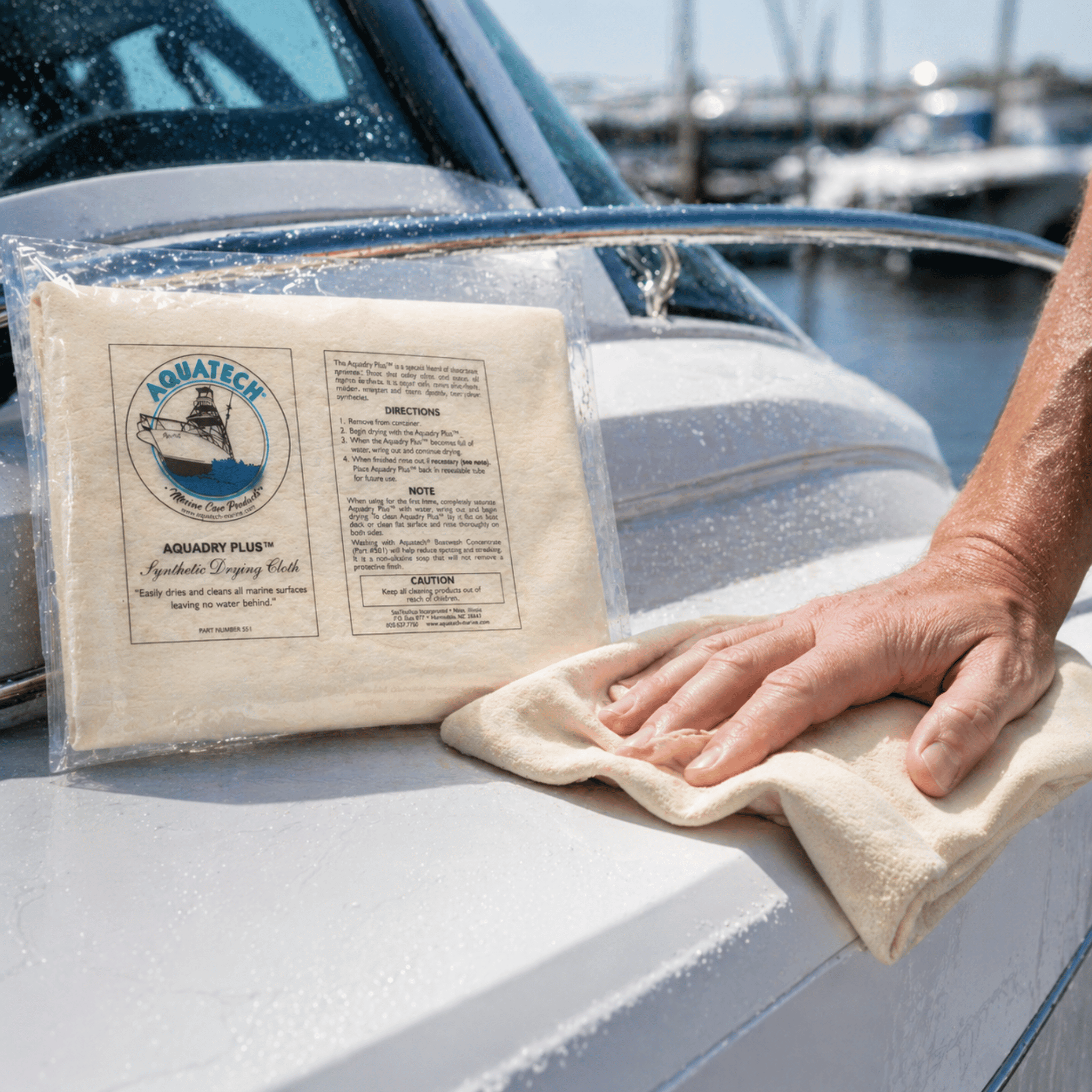 Aquadry Plus marine drying chamois on freshly washed boat hull