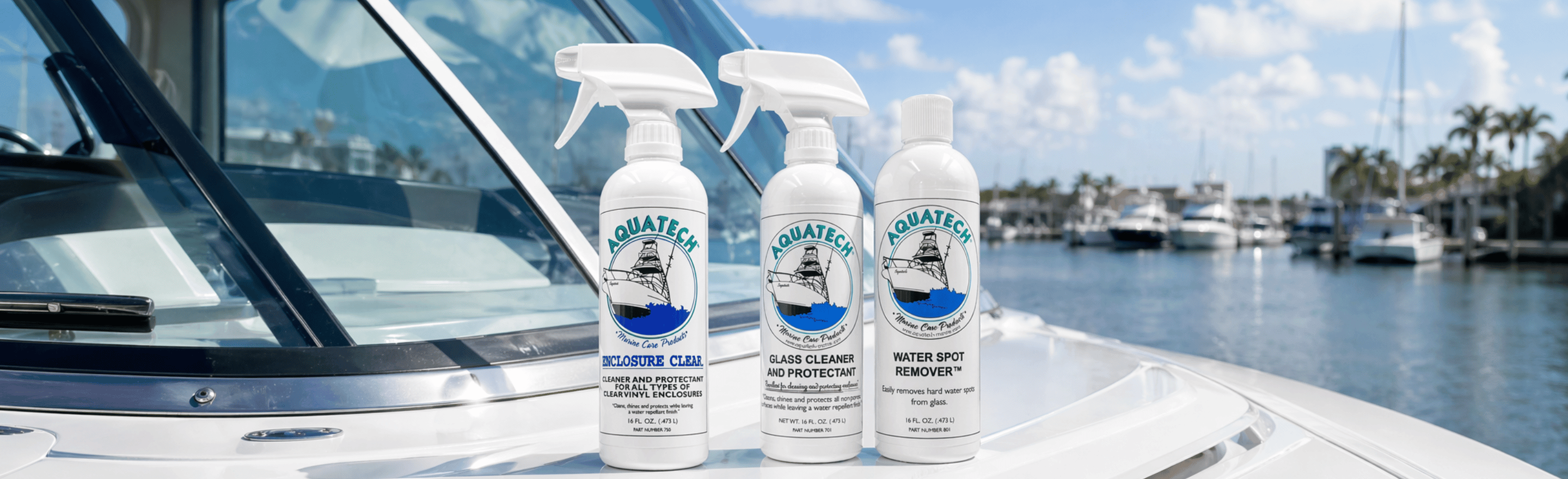 Aquatech marine glass cleaner restoring clarity to a boat windshield covered in water spots
