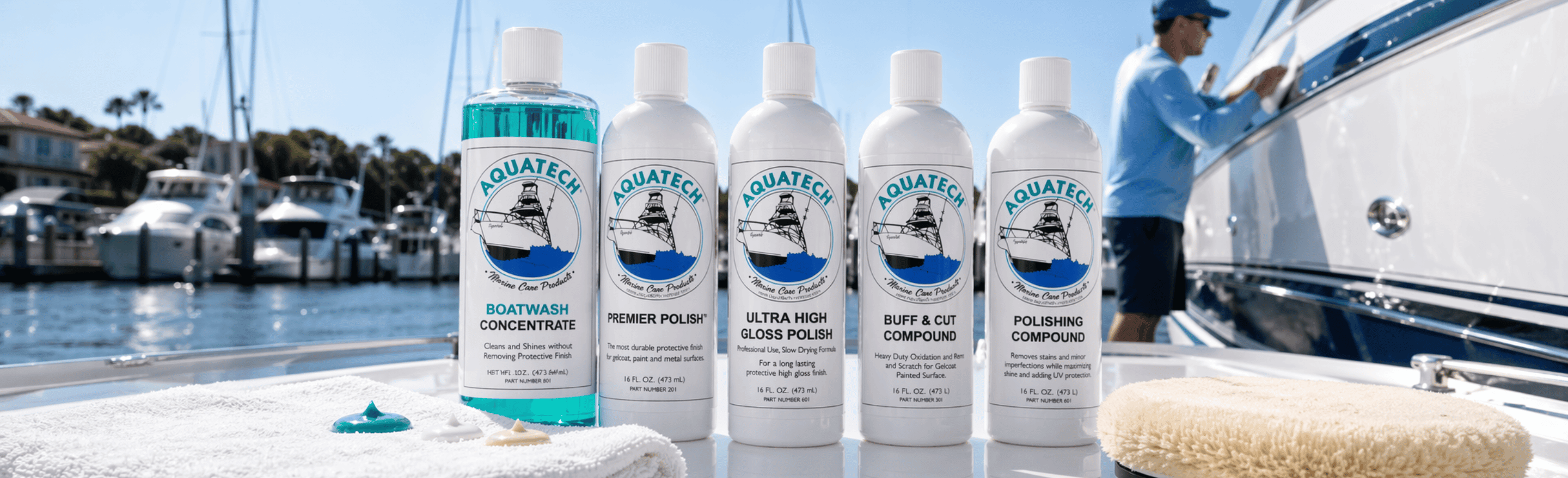 Aquatech marine detailing supplies arranged on a boat deck for a full detailing session
