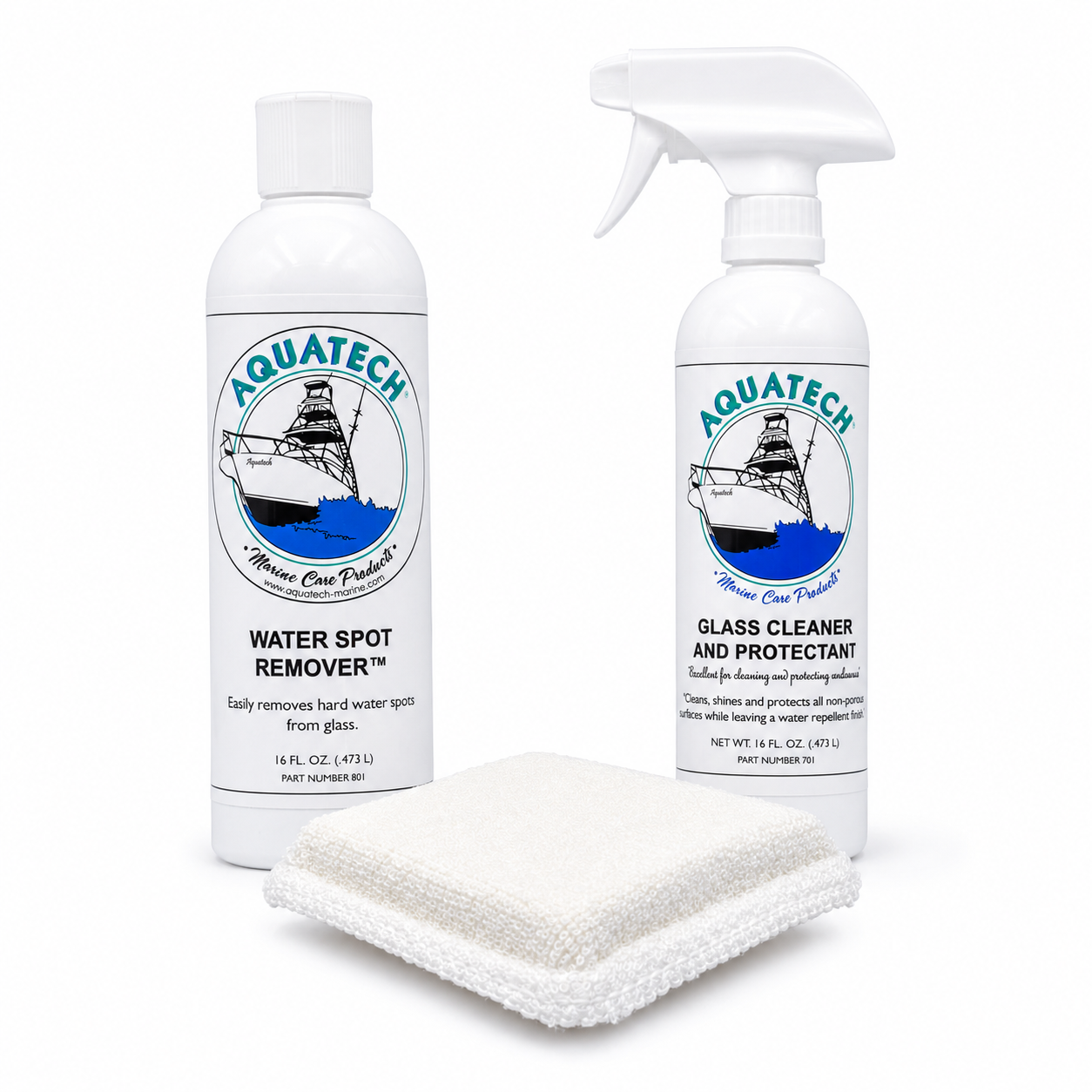 AquaTech glass cleaner and protectant spray bottle, water spot remover bottle, and a white microfiber cloth on a white background.